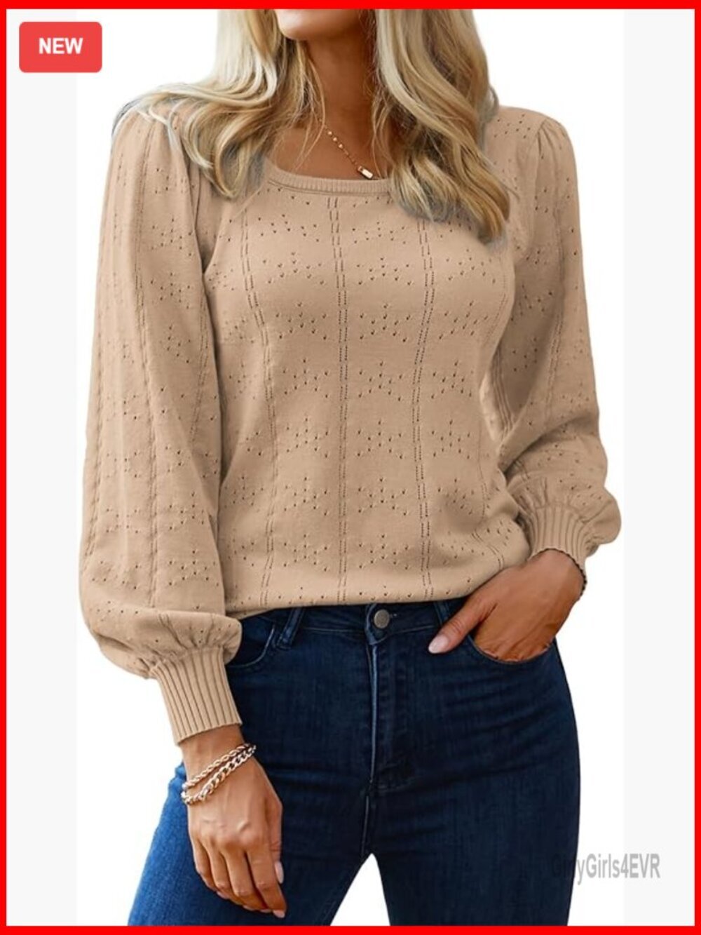 Puff Sleeve Square Neck Tunic Pullover Sweater Women's XS-XXL Viscose
